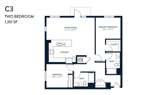 A black and white image of a two bedroom apartment floor plan.